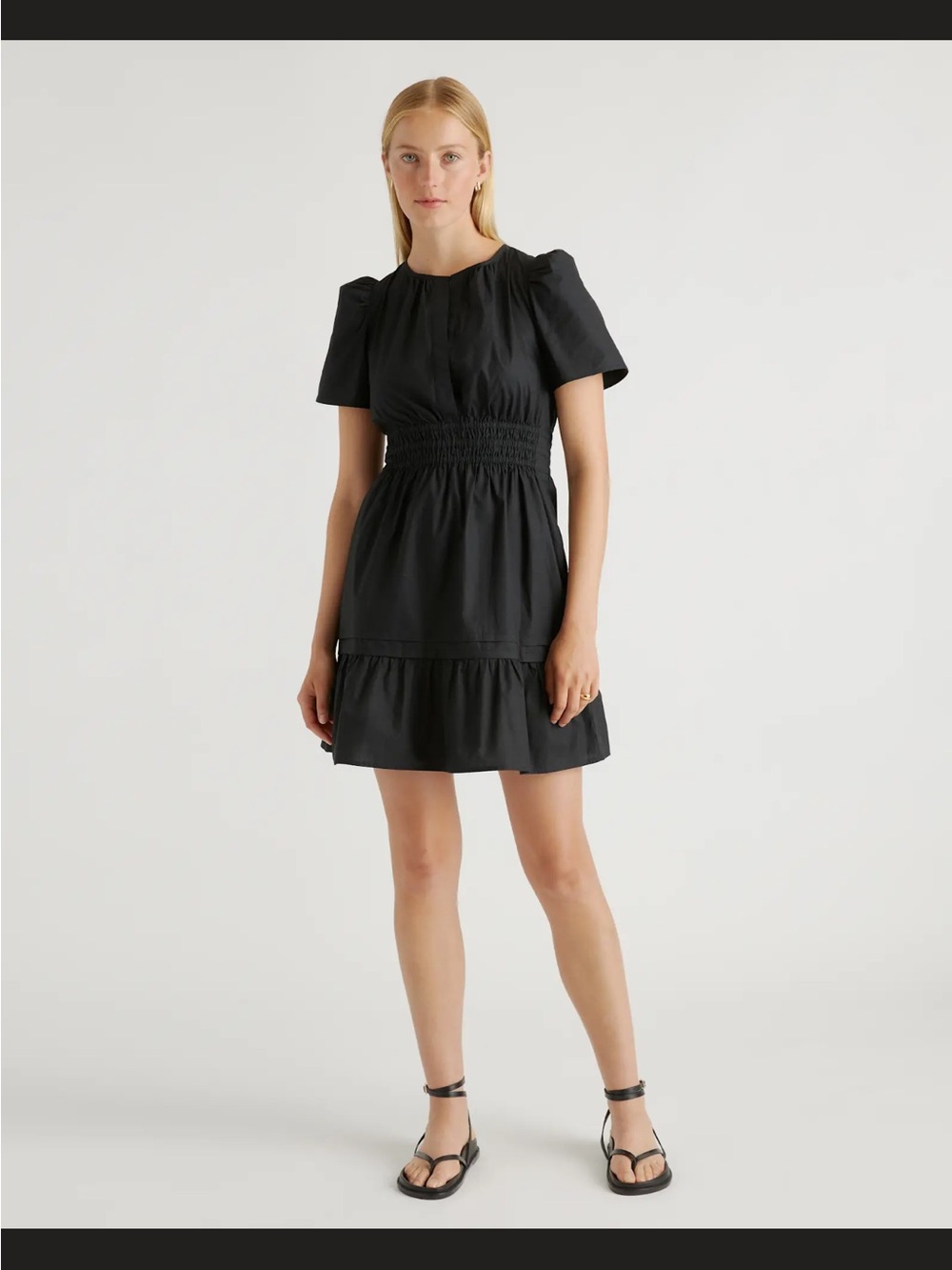 Quince Organic Cotton Black Short Puff-Sleeve Smocked Mini Dress NWT